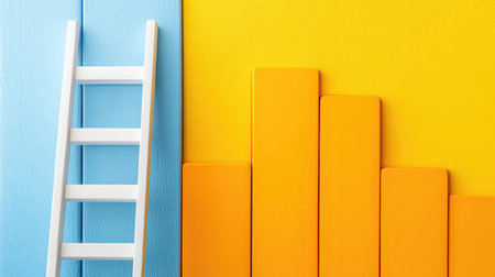 A ladder leaning against a bar graph with ascending bars, symbolizing climbing towards business successの素材