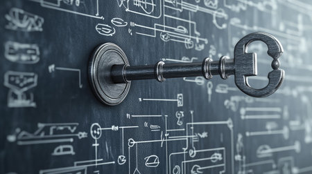 A key unlocking a lock over a background of business diagrams, symbolizing unlocking potential in entrepreneurshipの素材