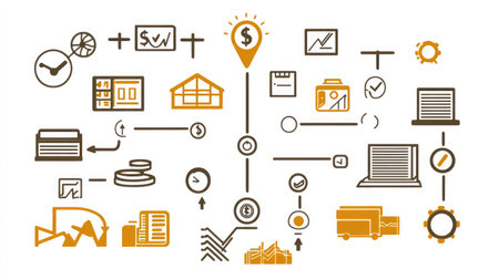 A flowchart with various financial icons leading to a target, illustrating the process and steps in financial planningの素材