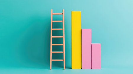 A ladder leaning against a bar graph with ascending bars, symbolizing climbing towards business successの素材