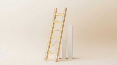 A ladder leaning against a bar graph, illustrating steps taken to reach higher levels of successの素材