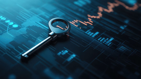 A key unlocking a lock over a background of business diagrams, symbolizing unlocking potential in entrepreneurshipの素材