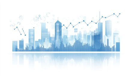 A futuristic city skyline with financial graphs integrated into the architecture, symbolizing the future of financial planningの素材