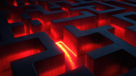 A labyrinth with a clear exit path highlighted, symbolizing finding solutions in complex business situationsの素材