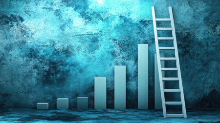 A ladder leaning against a bar graph, illustrating steps taken to reach higher levels of successの素材
