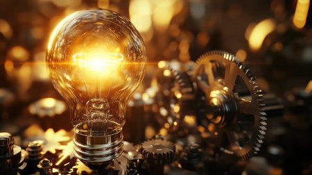 A light bulb connected to gears and cogs, representing the mechanics of innovative business ideasの素材