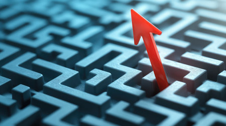 A maze with a clear path leading to an upward arrow, representing navigating challenges to achieve growthの素材