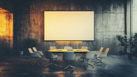 A modern conference room with ergonomic chairs arranged around a table, facing a large LED screen ready for a presentationの素材