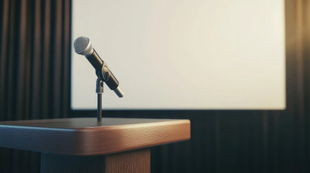 A minimalist podium with a microphone set up in front of a blank projection screen, ready for a business presentationの素材