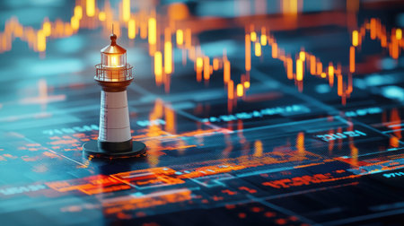 A lighthouse shining over turbulent financial charts, representing guidance and stability in financial planningの素材