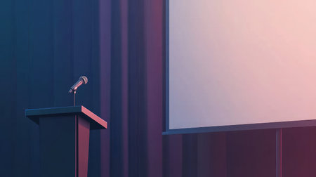 A minimalist podium with a microphone set up in front of a blank projection screen, ready for a business presentationの素材