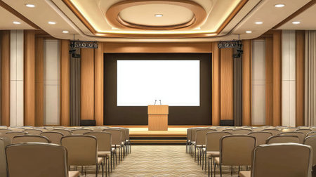 A modern auditorium with a podium, projection screen, and rows of chairs, ready for a keynote presentationの素材