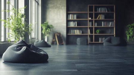A modern office space with a relaxation zone featuring bean bags and a bookshelf, indicating a balanced work environmentの素材