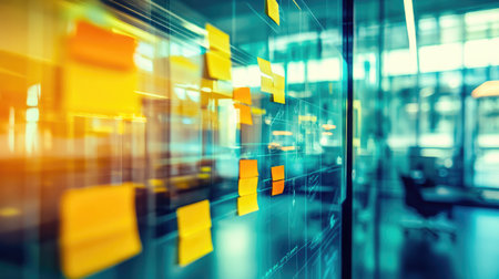A modern office space featuring a glass wall with sticky notes arranged in a structured manner, indicating brainstorming for a presentationの素材