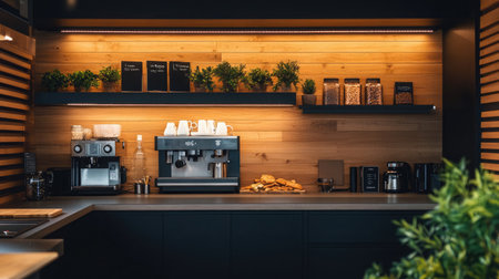 A modern office kitchen stocked with healthy snacks and a coffee machine, indicating a startup's focus on employee well-beingの素材