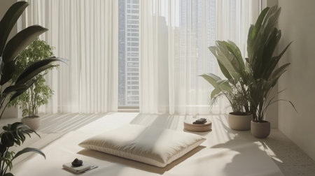 A modern office with a dedicated meditation corner, promoting mental health and mindfulness within the corporate cultureの素材