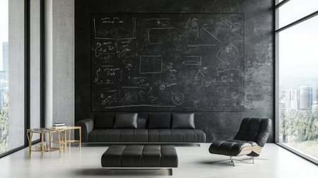 A modern office with a brainstorming area featuring a chalkboard wall filled with ideas and diagramsの素材