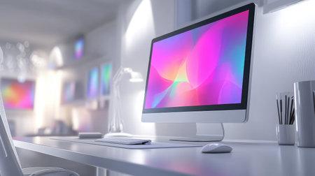 A modern office with a standing desk setup, ergonomic chair, and a large monitor displaying design softwareの素材