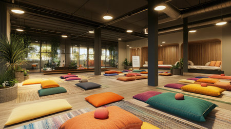 A modern office with a dedicated meditation corner, promoting mental health and mindfulness within the corporate cultureの素材