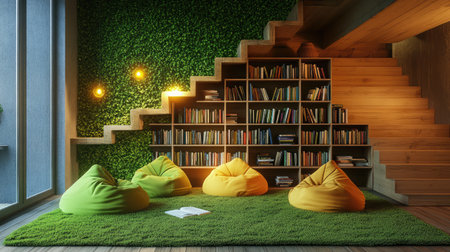 A modern office space with a relaxation zone featuring bean bags and a bookshelf, indicating a balanced work environmentの素材