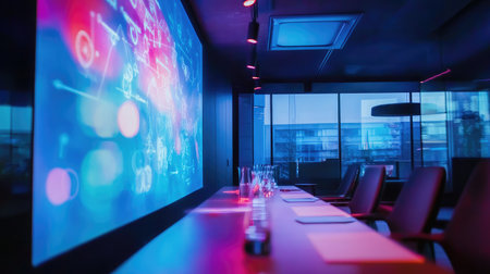 A modern meeting room with a large screen displaying a mind map, indicating creative business planningの素材