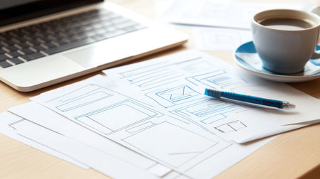 A modern workspace featuring a sleek laptop, a cup of coffee, and a notepad with sketches, symbolizing the creative process of a startupの素材