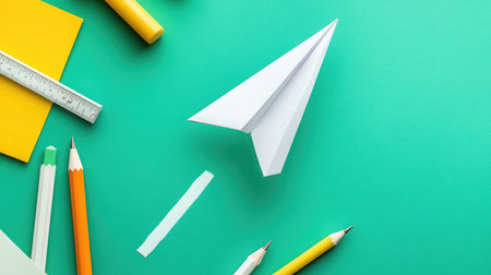 A paper airplane launching upward from a desk with scattered office supplies, symbolizing the launch of a new business ventureの素材