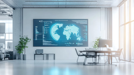 A sleek conference room with a large LED screen showing a global market share pie chart, indicating international business strategyの素材