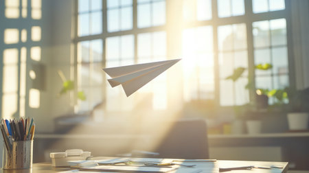 A paper airplane launching upward from a desk with scattered office supplies, symbolizing the launch of a new business ventureの素材