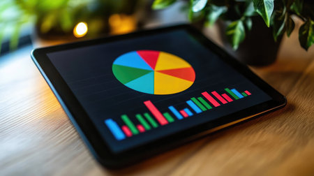 A tablet displaying a pie chart with various investment categories, emphasizing diversification in financial planningの素材