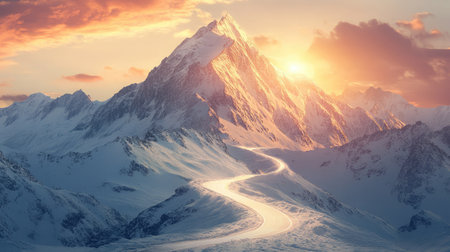 A road winding upwards towards a mountain peak, symbolizing the journey towards business successの素材