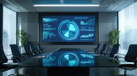 A sleek conference room with a large LED screen showing a global market share pie chart, indicating international business strategyの素材
