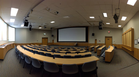 A panoramic view of an empty auditorium with rows of seats facing a large projection screen, set for a business seminarの素材
