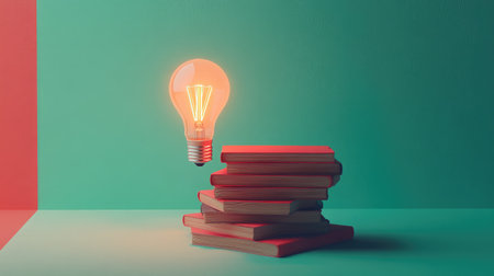 A stack of books on finance beside a glowing light bulb, symbolizing the combination of knowledge and ideas in effective financial planningの素材