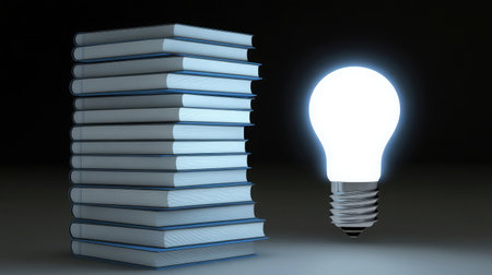 A stack of books on finance beside a glowing light bulb, symbolizing the combination of knowledge and ideas in effective financial planningの素材