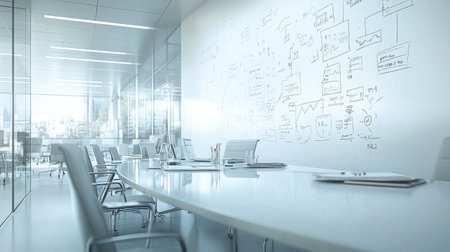A whiteboard filled with neatly drawn flowcharts and diagrams, symbolizing strategic planning in a business settingの素材