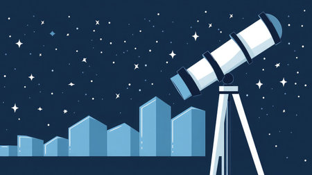 A telescope focused on a distant rising graph, representing long-term vision for growthの素材