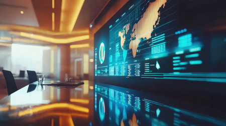 A sleek conference room with a large LED screen showing a global market share pie chart, indicating international business strategyの素材