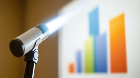 Close-up of a laser pointer directed at a projection screen showing a bar graph with ascending values, indicating business growthの素材