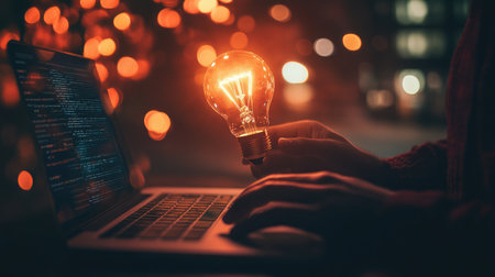 A bright lightbulb illuminating, symbolizing innovative solutions in customer serviceの素材