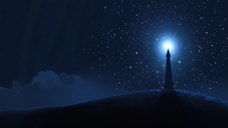 A beacon on a hill shining brightly, representing leadership serving as a guiding lightの素材
