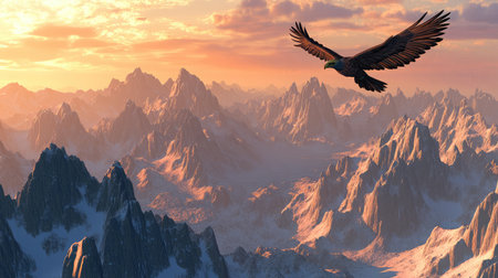 An eagle soaring above mountains, symbolizing visionary leadership and perspectiveの素材