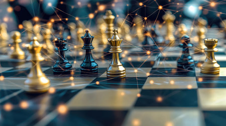 A chessboard with futuristic pieces, illustrating strategic planning and forward-thinking in corporate environmentsの素材