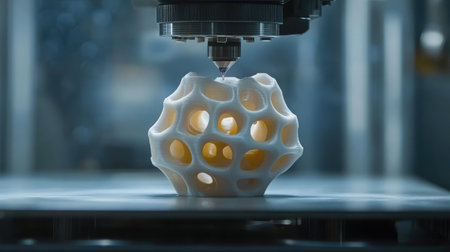 A D printer creating a complex geometric structure, illustrating rapid prototyping in modern industriesの素材