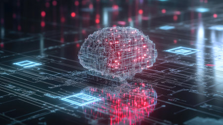 A digital brain composed of circuitry and binary code, representing artificial intelligence in business processesの素材