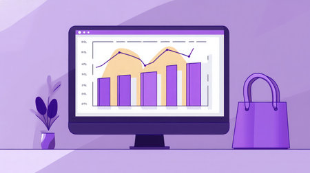 A desktop computer displaying an analytics dashboard with sales graphs, representing e-commerce performance trackingの素材