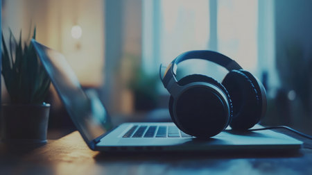 A close-up of noise-canceling headphones resting on a closed laptop, symbolizing focus and concentration in a remote work settingの素材