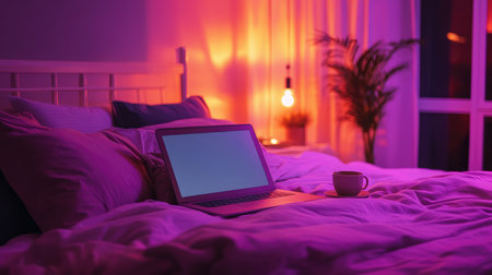A cozy bed with an open laptop, a cup of tea on the nightstand, and soft ambient lighting, illustrating a comfortable remote work environmentの素材