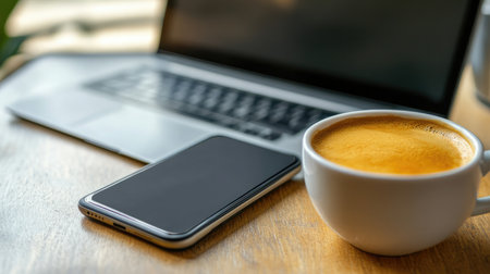 A close-up of a smartphone displaying a virtual meeting, placed beside a laptop and a cup of coffee, highlighting mobile remote workの素材