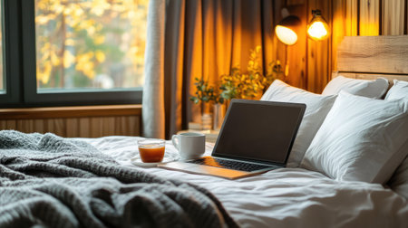 A cozy bed with an open laptop, a cup of tea on the nightstand, and soft ambient lighting, illustrating a comfortable remote work environmentの素材